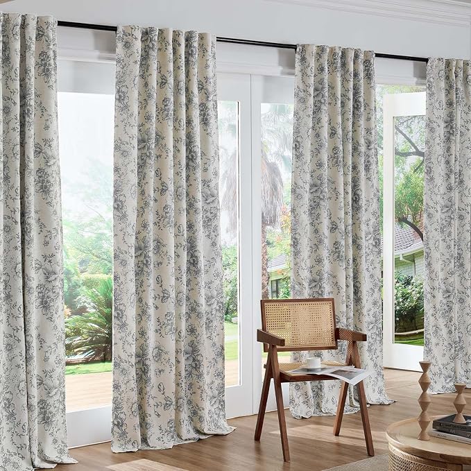 jinchan Blackout Floral Curtains for Living Room Bedroom Linen Blend Curtain Farmhouse Grey Printed with Lined Back Tab Rod Pocket Drapes Window Treatments 2 Panels 63 Inch Gray