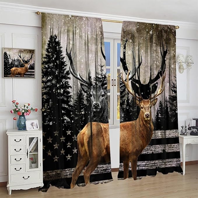 Rustic Hunting Deer Blackout Curtains Vintage American Flag Forest Hunting Cabin Rustic Deer Wildlife Windows Treatments Rod Pocket for Kitchen Living Room Bedroom 55x63in