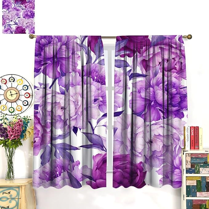 Floral Blackout Window Curtain Purple Blooming Flowers Style Print for Home Kitchen Livingroom Coffee Room Curtains Drapes 2 Panels 42x63in