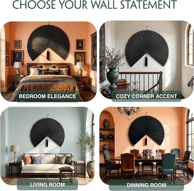 SUCHUBU Large Wall Fan Decor, 47" Handcrafted Bamboo Hanging Fan, Japanese Style Wall Art, Aesthetic Asian Decor for Fireplace, Natural Boho Wall Accent, Hanging Loop Included (Black, Large)