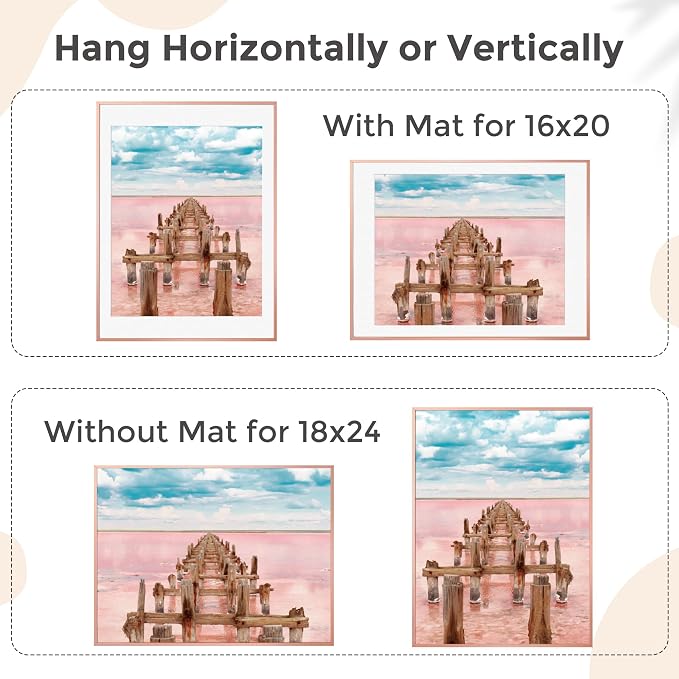 FLYJOE 18x24 Metal Picture Frame For Wall With Mat For 16x20, 18''x24'' Aluminum Photo Frames With Tempered Glass, Minimalist Modern Poster Frame Horizontal And Vertical Formats, Rose Gold
