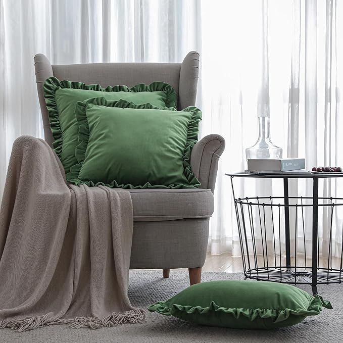 patdrea Designer Vintage Throw Pillow Covers 22"x22",Soft Velvet Durable Lumbar Pillows Cover,Farmhouse Decorative Pillow for Bed Living Room Car Outdoor Set (2 Pack Olive Green Square)