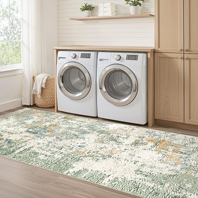 Runner Rug Kitchen Washable Rugs: 3x10 Non-Slip Abstract Soft Modern Stain Resistant Indoor Floor Neutral Accent Throw Carpet for Hallway Bathroom Laundry Room Entryway Bedroom- Green