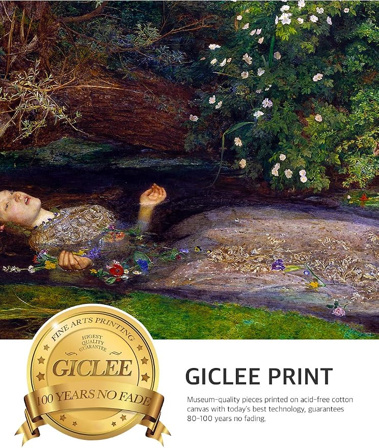 DECORARTS - Ophelia by John Everett Millais. Giclee Print on Canvas. Professionally Framed for Home and Office Decor. Ready to Hang. Total Size with Frame: 28.75x20.75 in.