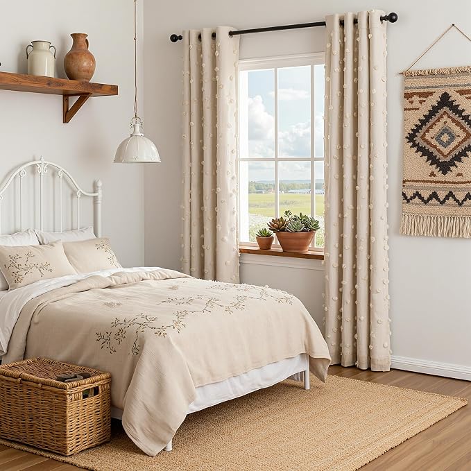MYSKY HOME 100% Blackout Curtains for Girls Bedroom 95 Inch Long Total Room Darkening Curtain for Living Room 2 Panels Grommet Light Blocking Sliding Door Drapes Beige Pom Pom Sheer 52 x 95 Inch