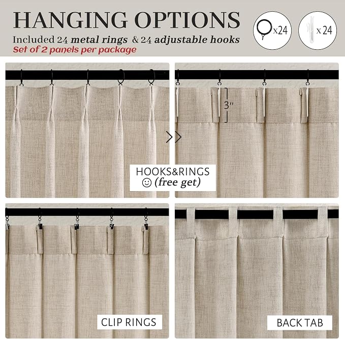 Extra Long Natural Linen 60 Inch Wide Curtains 108 Inches for Room Divider, Memory Shape Pleated Light Filtering Heavy Drapes Luxury Decor Floor to Ceiling Semi Sheer Curtain 9FT Length 2 Panels Set