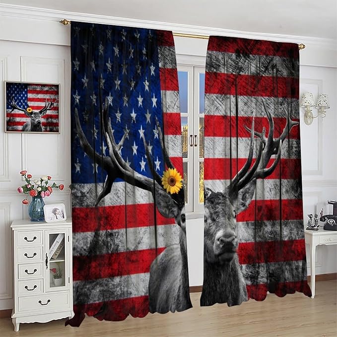American Flag Curtains,Vintage Farmhouse Wildlife Elk Hunter Rural Style Drape for Bedroom Living Room Window Treatment 2 Panels Set Total Size 72" W X 63" L Inch