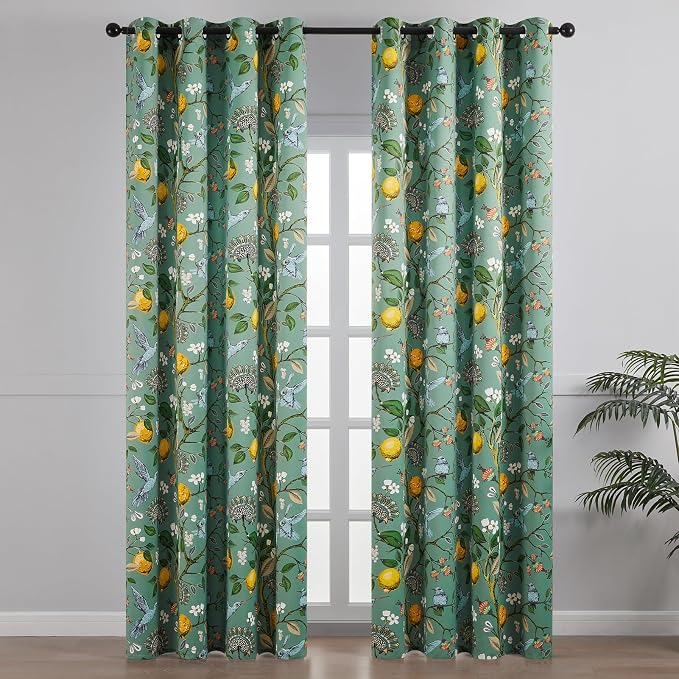 Topfinel 105 Inches Long Sage Green Luxury Curtains for Living Room Bedroom, Blackout Vintage Art Deco Victorian Curtains Floral Lemon Hummingbird Printed Grommet Drape 105 Inch Length