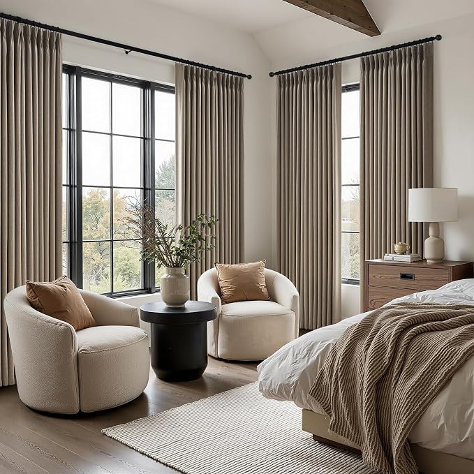 Dark Flax Pinch Pleated Linen Curtains 105 Inch Length 2 Panels for Living Room Bedroom Semi Sheer Window Curtain Boho Neutral Back Tab Pinch Pleat Drape with Hooks 105 Inches Long
