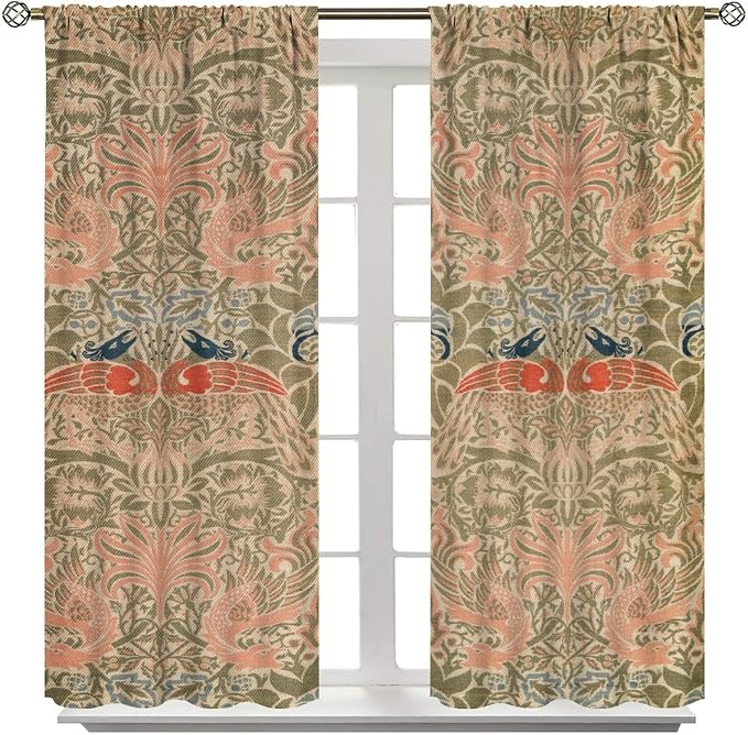 Retro Bohemian William Morris Blackout Window Curtains, Vintage Peacock Abstract Art Pattern Print Window Drapes, for Bedroom Living Room 21(W)*54(L) 2 Panels