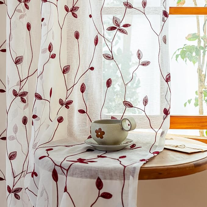 AmHoo 2 Panels Embroidered Leaf Pattern Semi Sheer Curtains Foliage Floral Voile Window Draperies Treatment for Bedroom Living Room Rod Pocket White Burgundy 53 x 63 Inch
