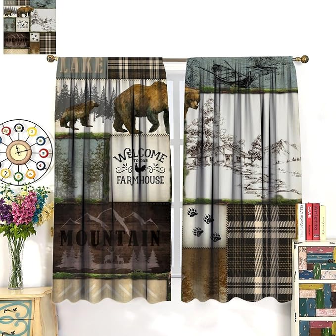 Bear Hunting Blackout Curtains Vintage Country Farmhouse Mountains Lake Forest Lattice Hunting Lodge Bear Deer Wildlife Windows Treatments Rod Pocket for Kitchen Living Room Bedroom 63x63in