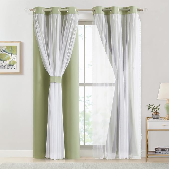 Bujasso Sage Green Blackout Curtains with Sheer Overlay Mix and Match Double Layer 90% Room Darkening Window Panels 95 inch Living Room Bedroom Green Drapes with Tiebacks Grommet Top 37" Wx95 Lx2