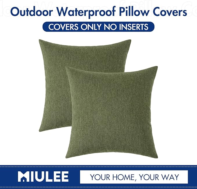 MIULEE Pack of 2 Decorative Outdoor Solid Waterproof Throw Pillow Covers Euro Sham Faux Linen Garden Farmhouse Cushion Cases for Patio Tent Balcony Couch Sofa 26x26 Inch Dark Green