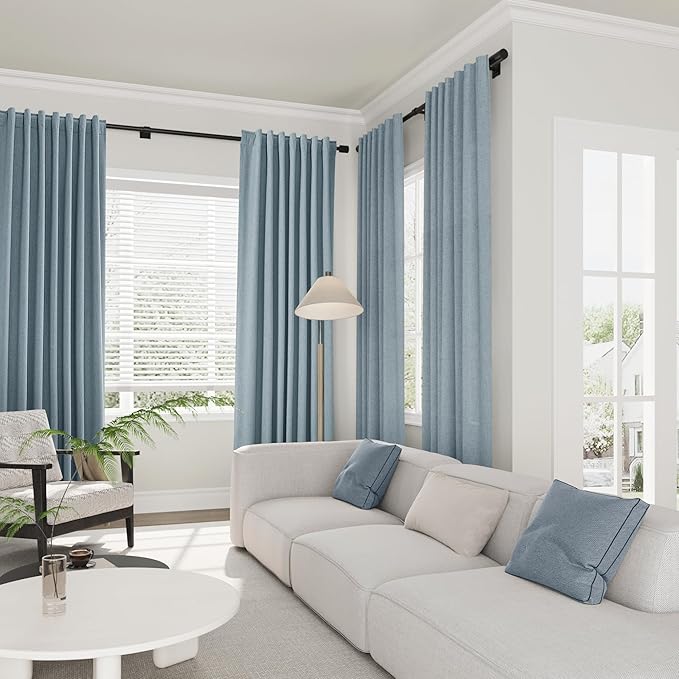 Joywell 100% Blackout Linen Curtains 96 Inches Long for Boys Bedroom Black Out Curtain Room Darkening Drapes for Sliding Glass Door Window Rod Pocket Back Tab 2 Panels Set,52 x 96,Blue
