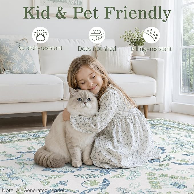 DCX Area Rug 5x5 Botanical Floral Washable Rugs in Green and Blue Soft Non Slip Low Pile Stain Resistant Round Carpet for High-Traffic Areas Bedroom Kitchen