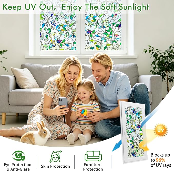 SOMWISE Frosted Glass Window Privacy Film with Tools, Heat Blocking, Anti-UV, Anti-Glare, Static Cling, Decor for Home Bathroom Door, Renter Friendly, Removable, Reusable, Green 35Inchx78.5Inch