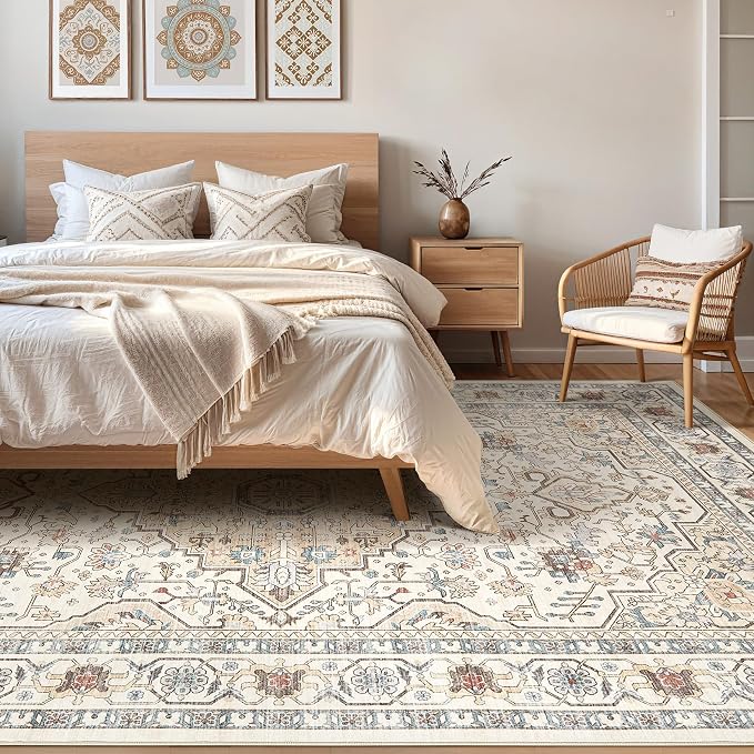 7x10 Area Rug Living Room: Washable Boho Large Neutral Vintage Soft Rugs Stain Resistant Farmhouse Non-Slip Indoor Floor Carpet for Bedroom Nursery Kids Playroom Office Dining Room- Cream Blue