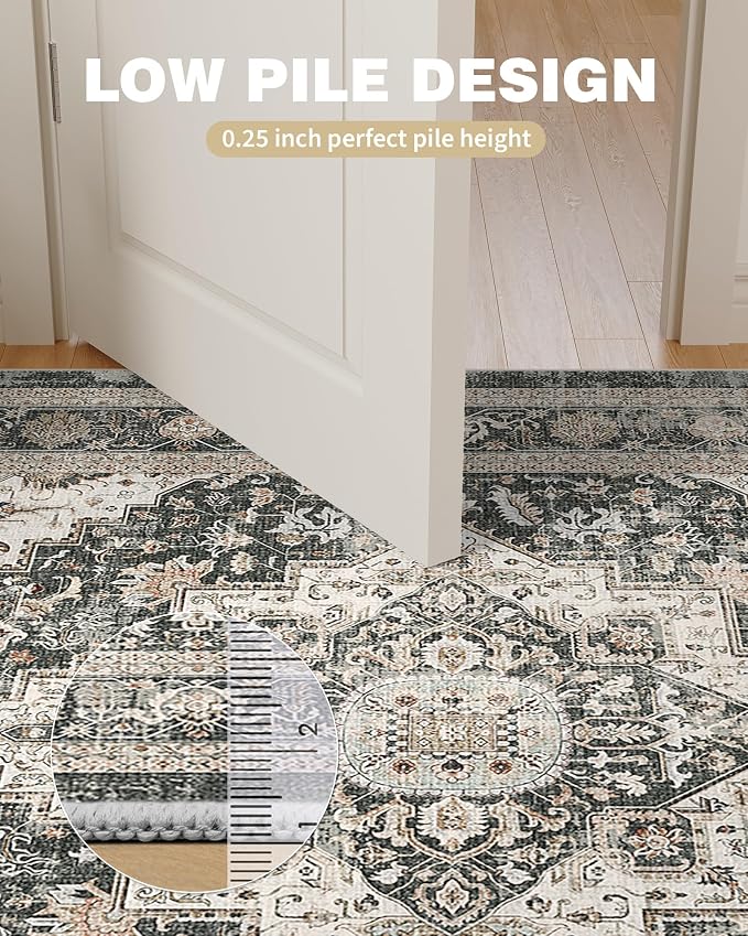 Roxstand Washable Rugs 8x10 Area Rugs for Living Room, Bedroom, Office, Ultra-Thin Anti Slip Backing Rug, Super-Soft Vintage Large Area Rug, Home Decor Farmhouse Rugs (Black/Beige, 8'x10')