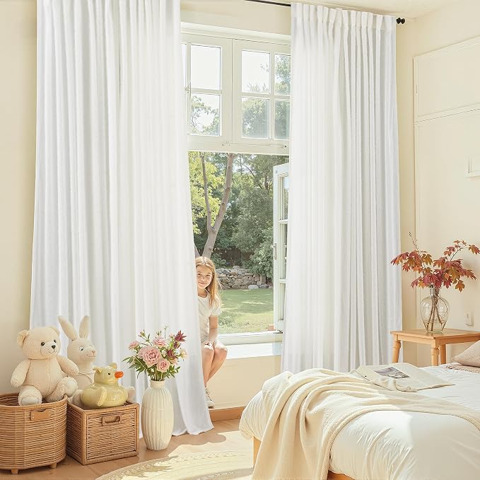 White Sheer Curtains 108 inch Long 2 panels for Living Room Modern Farmhouse White Fluff Curtains Back Tab Shabby Chic Boho Curtain Semi Sheer Nursery Kids Aesthetic Elegant Drape 52x108 Length