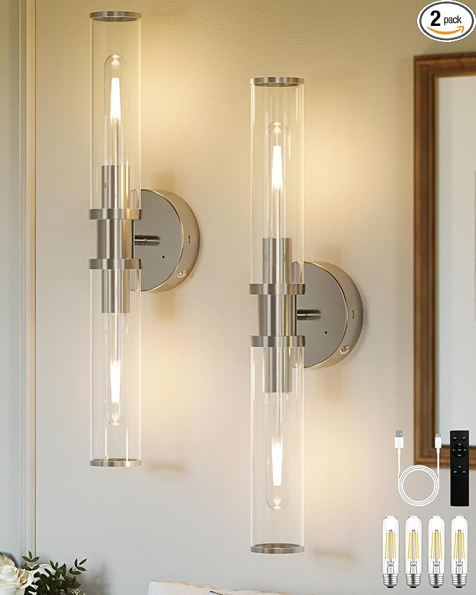 Rayogale Nickel Wireless Battery Operated Wall Sconces with Remote Control | Glass Rechargeable Wall Lights Set of 2 with Timer Function Dimmable for Living Room Bedroom Emergency 3000K, 20.5 Inch