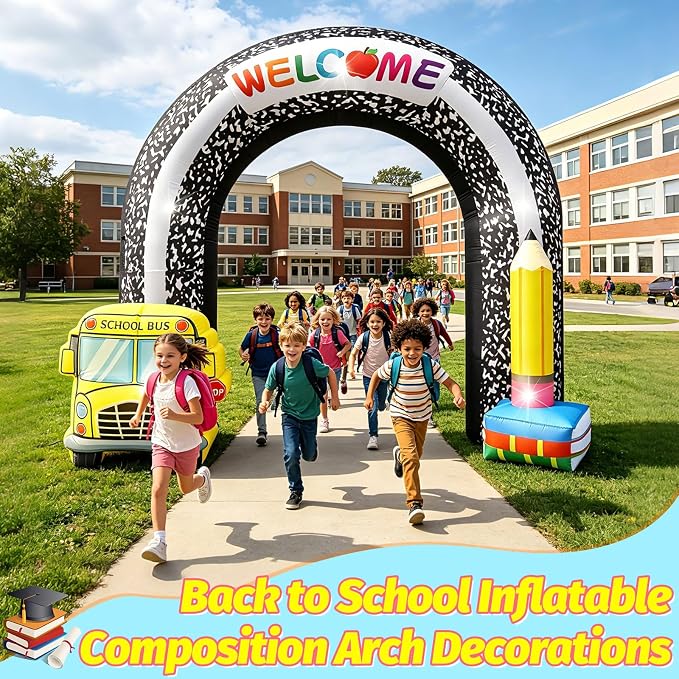 8FT Welcome Back to School Inflatable Arch Outdoor Decorations, Composition Blow Up Arch with Pencil School Bus Built-in 5 LED Lights for First Day of School Party Garden Yard Lawn Photo Backdrop