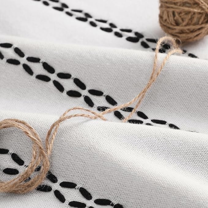 White Boho Blackout Curtains 2 Panels 84 Inch for Living Room Bedroom, Linen Texture Farmhouse Curtains with Tassels and Black Cotton Embroidery Vintage