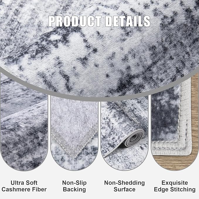 8x8 Area Rug Living Room Rug: Washable Modern Abstract Soft Thin Rug Indoor Floor No Slip Stain Resistant Carpet for Bedroom Dining Room Farmhouse Nursery Home Office - Grey