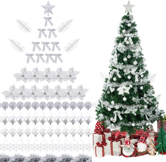 Sunnyglade 94 PCS Christmas Tree Ornaments Set with Glitter Poinsettia, Bows, Ribbons, Leaves & Assorted Decoration Ball for Xmas Tree Holiday Wedding Party Decorations (Silver White)