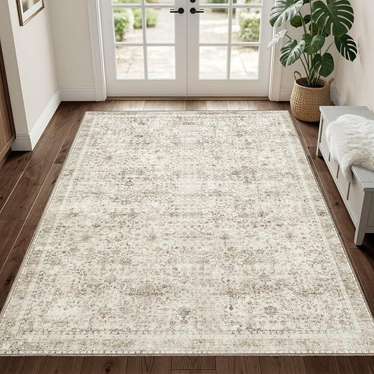 Sasttie 3x5 Rug, Ultra-Soft Washable Rug, Low Pile Foldable Thin Carpets with Non-Slip Backing, Skin-Friendly Stain Resistant Carpet for Living Room, Bedroom, Kitchen, Dorm, 3x5, Beige