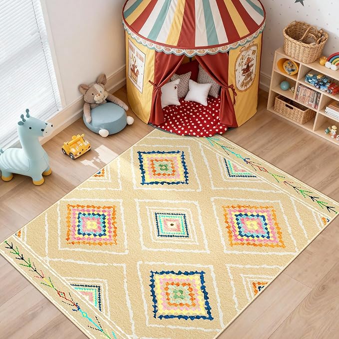 BESTSWEETIE Area Rug 6x9 Rug Machine Washable Non-Slip Low Pile Print Pattern Western Rug for Living Room Bedroom Entryway Tribal Series -Cream/Beige