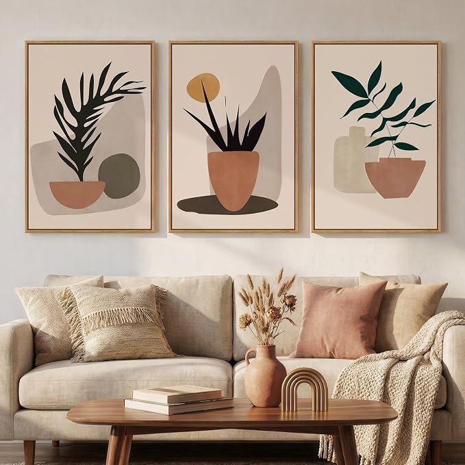 Framed Boho Botanical Canvas Wall Art Prints, Set of 3 Piece Bohemian Neutral Orange Paintings Artwork for Walls, Elegant Boho Plant Pictures for Living Room Dining Room Office Wall Decor, 16x24 Inch