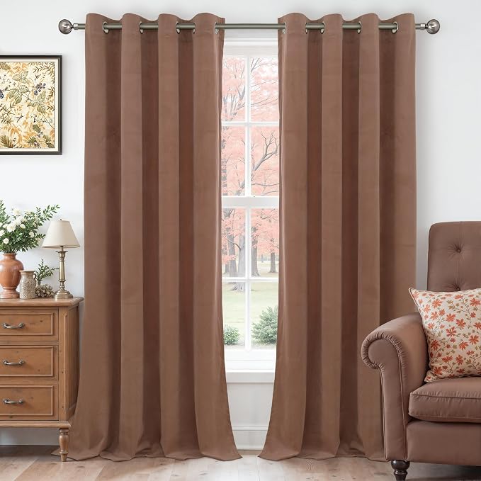 YoungsTex Mocha Brown Velvet Blackout Curtains 84 Inches Long, Room Darkening Drapes with Grommet for Bedroom Living Room Privacy Protection, 52 X 84 Inch, 2 Panels