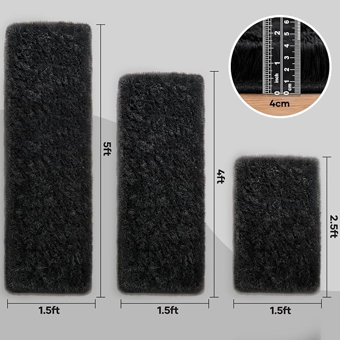 Ophanie Small Rug Washable Non Slip Throw Bedside Area Rugs, Fluffy Soft Mini Bedroom Carpet, 1.5x2.5，1.5x4 and 1.5x5 Rug Set, 3 Piece Black with Over 99 pcs Pile fibers