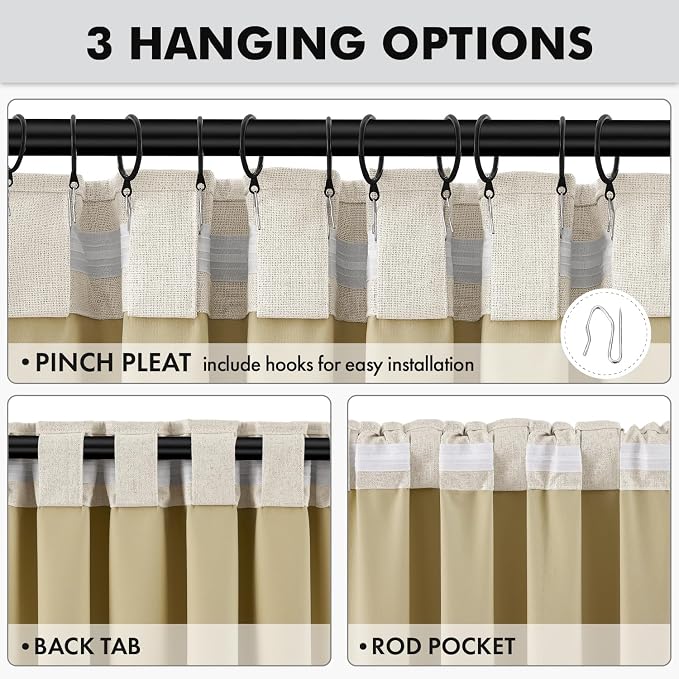 MIULEE 100% Blackout Linen Curtains for Bedroom, Cream Solid Luxury Decor Thermal Insulation Room Darkening Drapes for Living Room Back Tab Rod Pocket 42 x 96 Inches, 2 Panels