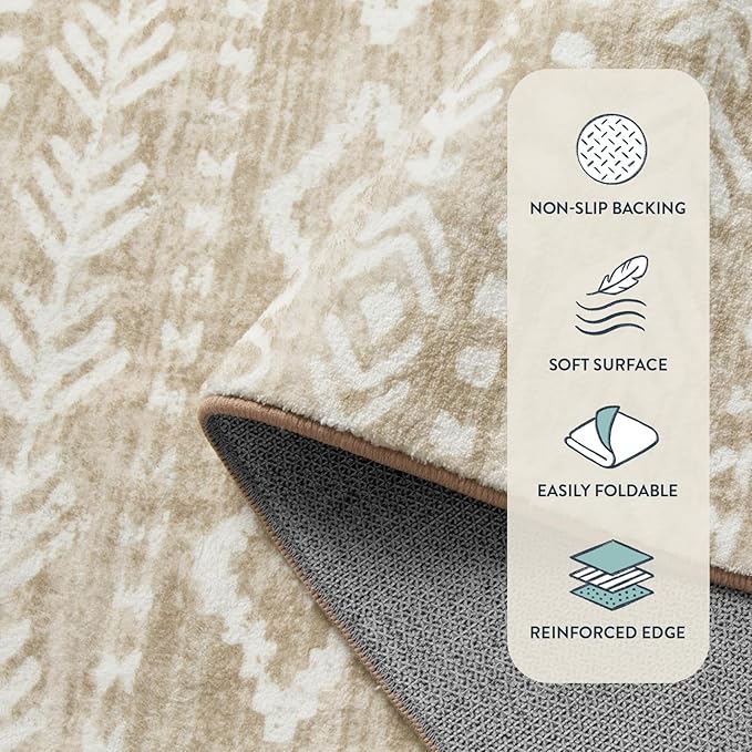Lahome Boho Geometric Washable Runner Rug, 2x6 Low-Pile Tan Long Bathroom Runner Rug Non Slip Washable, Rustic Print Pattern Soft Bedroom Carpet Runner 6ft for Entryway Laundry Room Varena