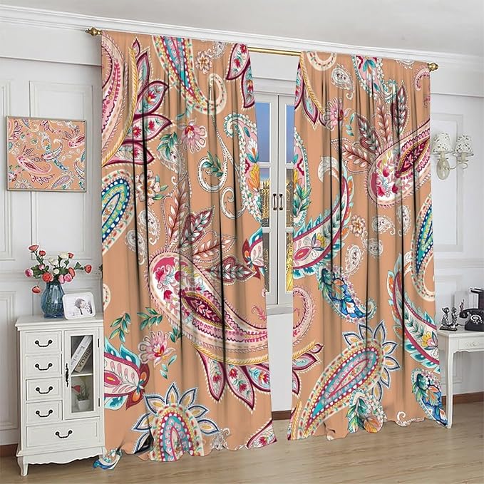Paisley Print Curtains, Featuring Abstract Floral and Botanical Motifs in A Bohemian Style, Suitable for Bedrooms, Living Rooms and Offices As Blackout Curtains.55X63 Inch