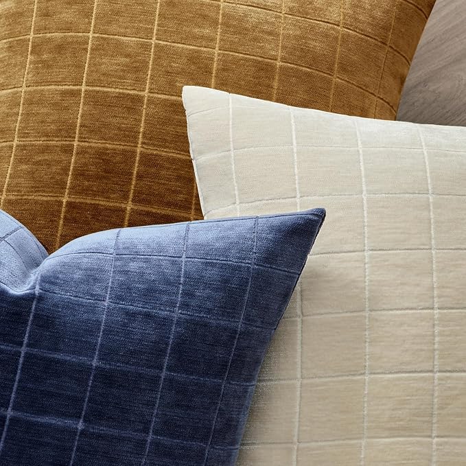 MIULEE Navy Blue Plaid Decorative Throw Pillow Covers 22x22 Set of 2 | Vintage Check Chenille Couch Pillows Neutral Boho Farmhouse Cushion Covers Modern Home Decor for Sofa Bed Living Room