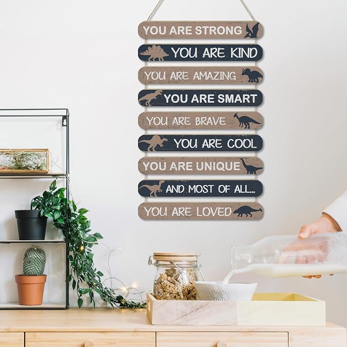 MONALET Vintage Dinosaur Inspirational Wall Decor for Boys Kids Room Playroom Nursery Classroom, You Are Loved Hanging Wooden Signs Decorations, Positive Affirmations Wall Art Wood Plaque 9Pcs 12x19