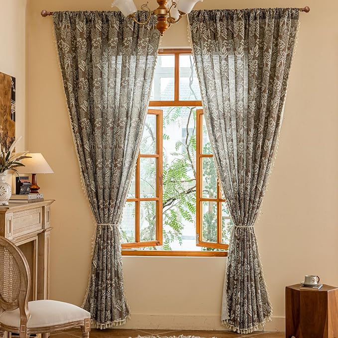 OYX Vintage Curtains 96 Inch, Farmhouse Curtain Botanical Drapes with Tassels, Linen Textured Light Filtering Semi Sheer Curtains for Living Room Bedroom,2 Panels,Rod Pocket, 52Wx96L
