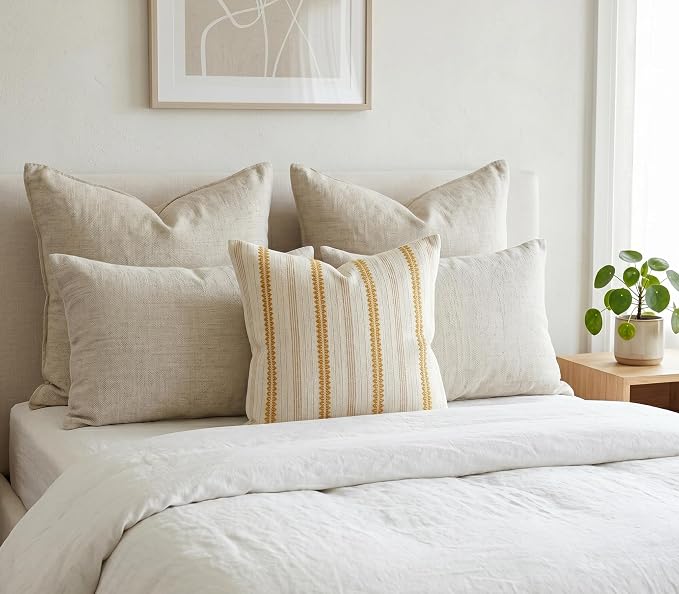 SanVia Cotton Throw Pillow Covers 20x20 – Handwoven Jacquard Texture, Fade-Resistant, No Pilling – Hidden Zipper, Decorative Cushion Cover for Sofa, Couch, Bed – Insert Not Included (Striped, White)