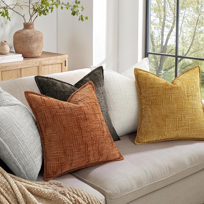 decorUhome Chenille Throw Pillow Covers 16x16 Set of 2, Soft Textured Slubby Modern Decorative Pillow Covers with Elegant Design for Couch, Sofa, Living Room, Mustard Yellow