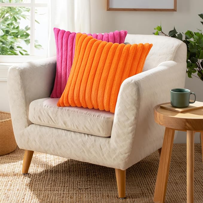 Pallene Faux Fur Plush Throw Pillow Covers 24x24 Set of 2, Luxury Soft Fluffy Striped Decorative Pillow Covers for Sofa, Couch, Living Room, Hot Pink