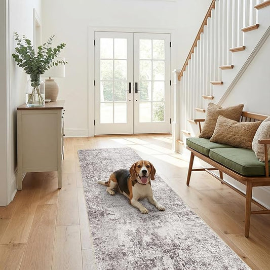 2x8 Runner Rug: Washable Low Pile Hallway Carpet with Non Slip Backing Pet Friendly Durable Long Floor Mat Ideal for High Traffic Areas Like Entryway Kitchen Bedroom or Laundry Room (Gray Cream,2x8)