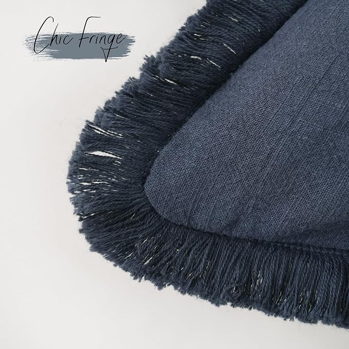 Foindtower Set of 2 Decorative Linen Fringe Throw Pillow Covers Cozy Boho Farmhouse Cushion Cover with Tassels Soft Accent Pillowcase for Couch Sofa Bed Living Room Home Decor, 26×26 Inch, Navy Blue