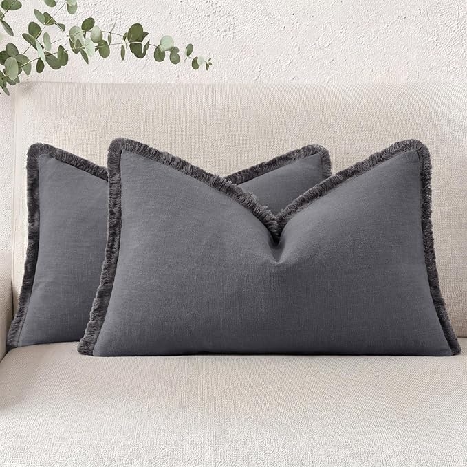 decorUhome Linen Fringe Lumbar Throw Pillow Covers Set of 2 Decorative Dark Grey Pillow Covers with Tassels Soft Accent Boho Farmhouse Pillow Cases for Couch Bed Sofa 12x20 Inch