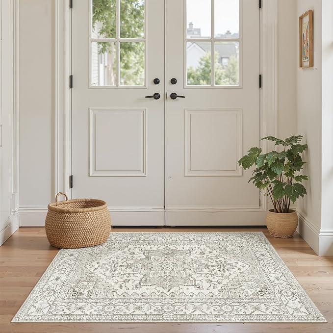 2x3 Entryway Area Rug - Neutral Washable Rugs for Dining Room Kitchen Rug Vintage Soft Floor Mat Non Slip Indoor Farmhouse Carpet for Bathroom Bedroom (Beige)