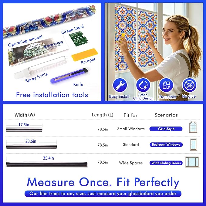 SOMWISE Rainbow Window Privacy Film,Heat Control,UV Blocking,Anti-Glare,Day & Night Privacy Protection & Decoration for Home, Bathroom,Glass Door,Static Cling,Renter-Friendly with Installation Tools