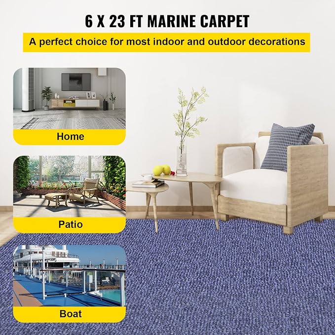 Happybuy 6 ft x 23 ft Deep Blue Marine Carpet for Boats Waterproof - 0.18" Thick Indoor Outdoor Rug Carpet Roll for Home Patio Porch Deck