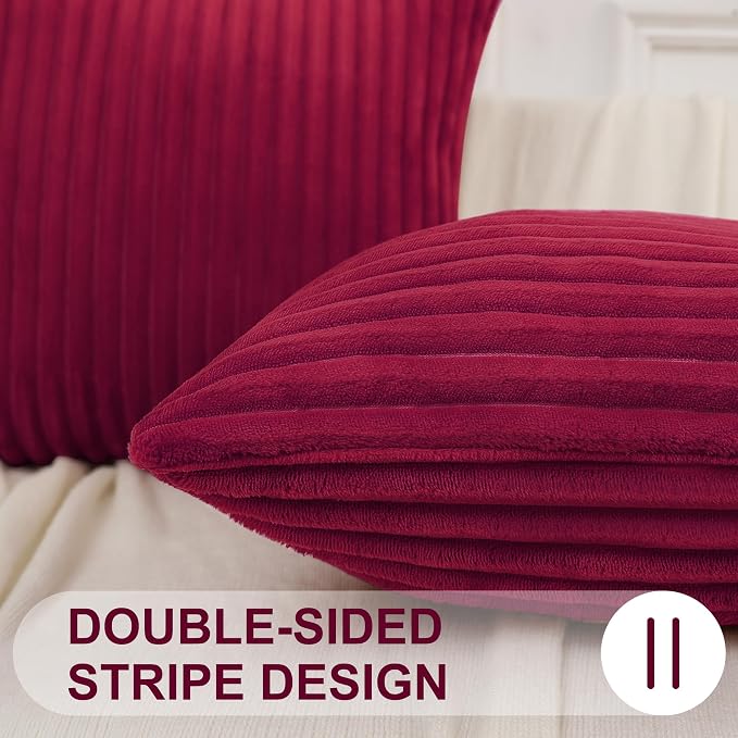 Simmore Decorative Fall Throw Pillow Covers 20x20 Set of 2, Soft Natural Plush Flannel Double-Sided Fluffy Couch Pillow Covers for Sofa Living Room, Burgundy